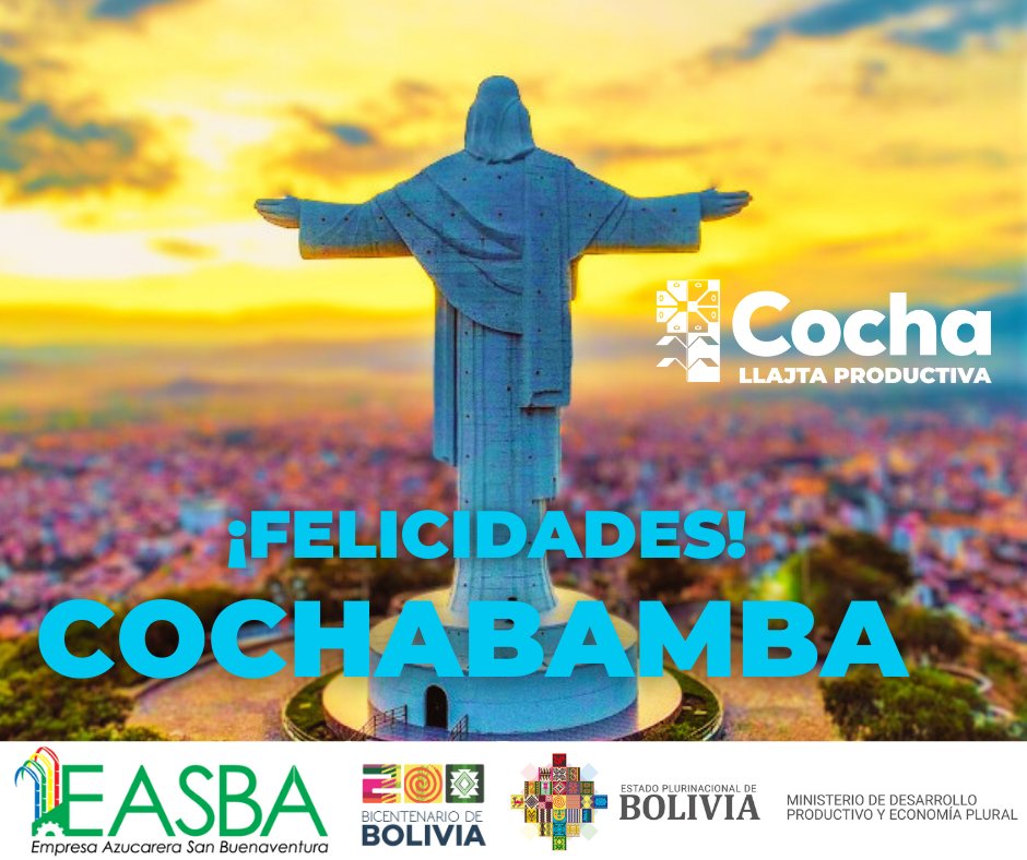 #EASBA | Te felicita
¡Feliz aniversario, querida Cochabamba! Sigamos celebrando juntos cada uno de tus encantos y construyendo un futuro brillante para todos.
#LlajtaProductiva
#UnidosRumboAlBicentenario
#VivaCochabamba
