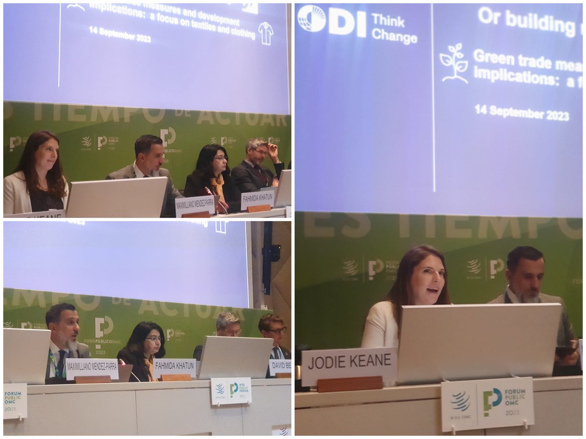 Great discussion at our #WTOPublicForum session on #GreenTrade measures in the clothing & textiles industry. @FahmidaKcpd, @daveghbeer, @GeorgeMRiddell, @KeaneJodie & @m_mendezparra delved into the development implications of sustainable industrialisation in low-income settings.