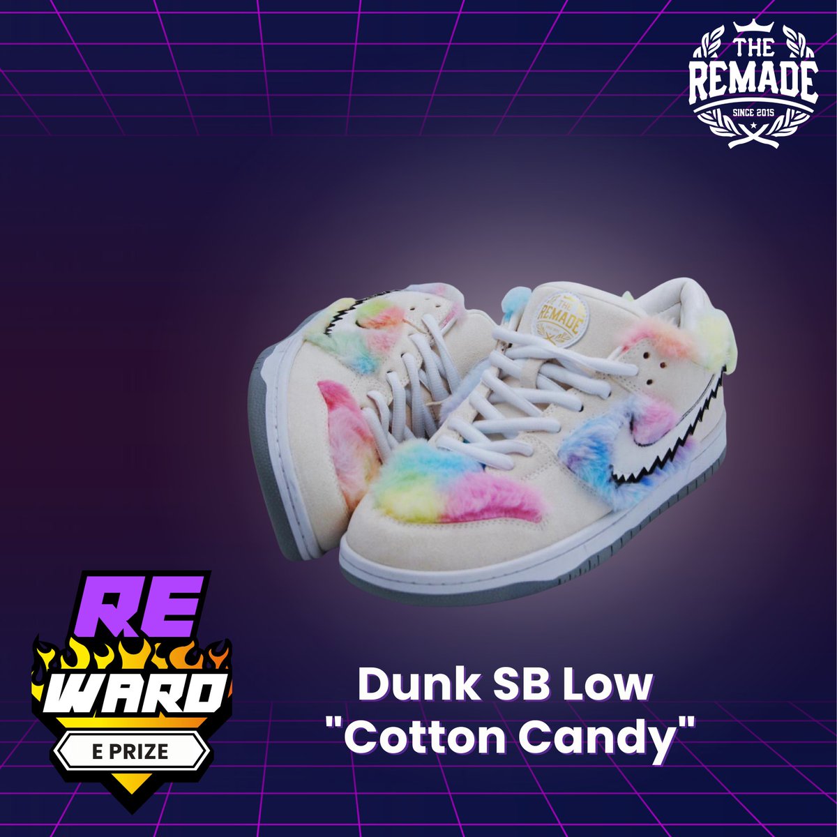 🍭E Prize: The Remade - #Nike Dunk SB Low #CottonCandy🍭 The E Prize is a 2021 reissue created by @TheRemade_ With its fluffy shoe body and an homage to Grateful Dead bears, this custom #Dunk SB is a must-have for fans of The Remade's limited edition kicks. #sneakers #RNFT