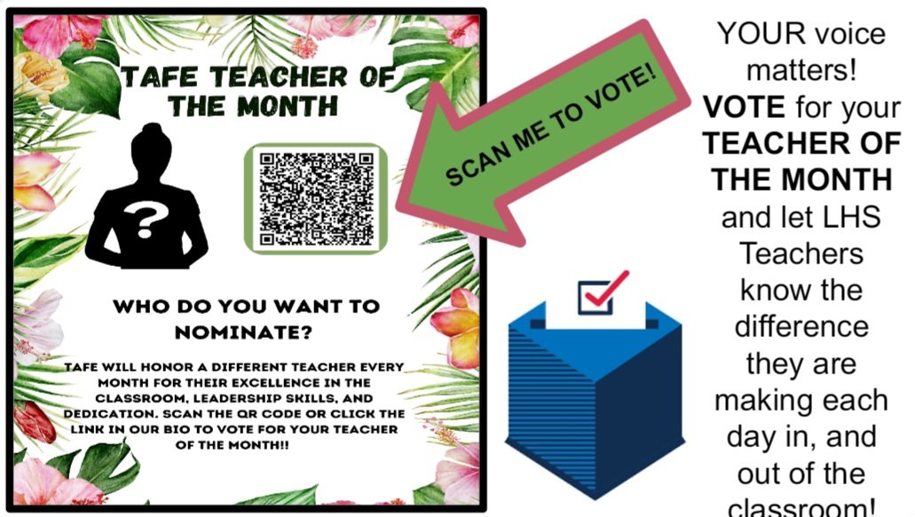 TAFE needs your VOTES!! Anyone and Everyone can vote! Let the TEACHERS of LHS know how much they are appreciated by their Students, Peers, Colleagues, and Administration!! 
#GritAndGanas
#ExpeditionExceLLence