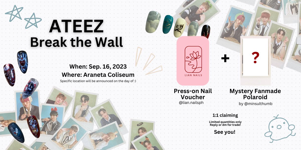 mintgilly's tweet photo. #ATEEZinManila freebies!! ｡°✩  

✮ 1:1 claiming only! (voucher+polaroid) 
✮ rt and like to claim :> just show me on the day itself 
✮ limited quantities! 

reply or dm to trade  

see you!! ˚｡𖦹 ⋆  

nails IG: @lian.nailsph 
polaroids frm @misulthumb https://t.co/VKCxiqbjOB