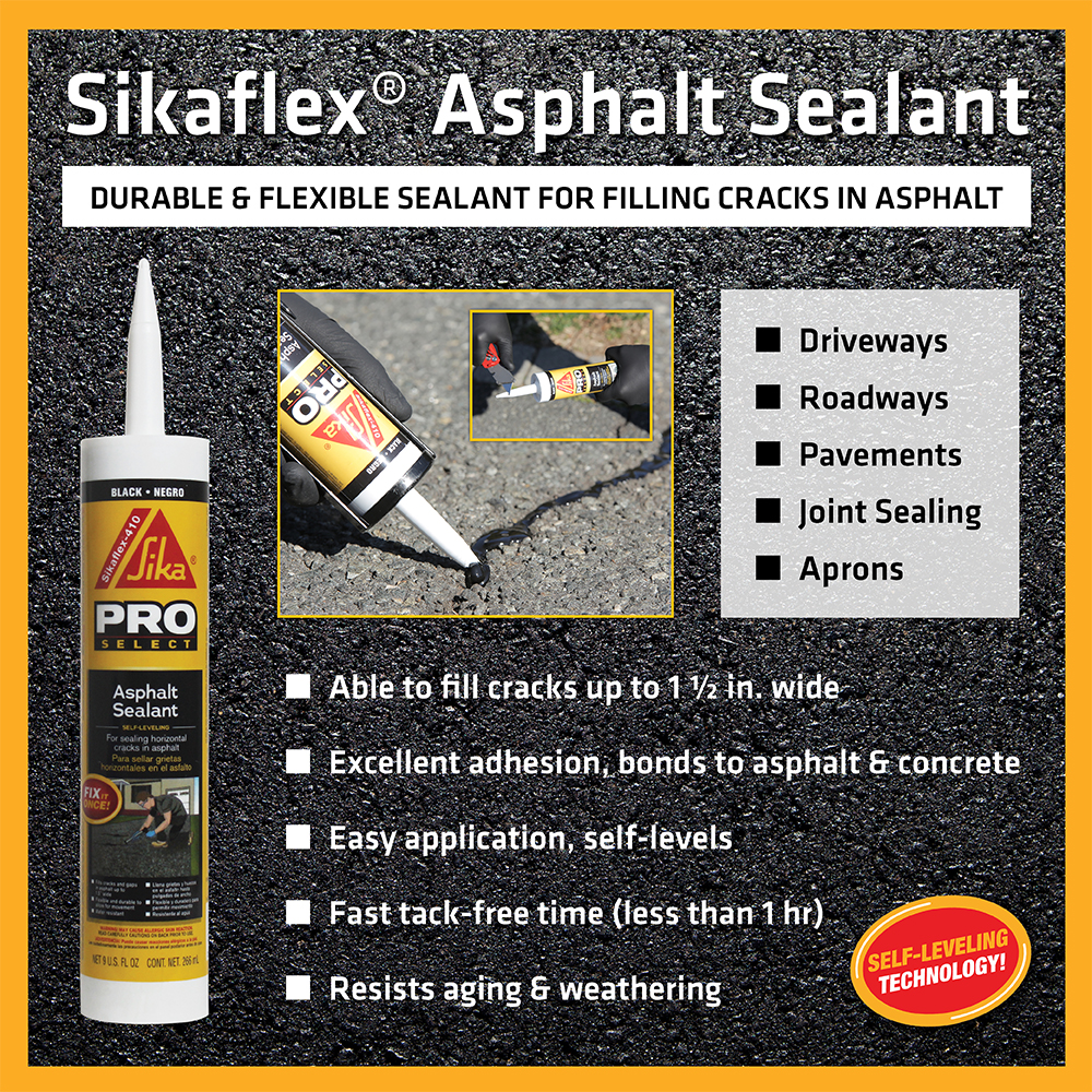 Seal those driveway cracks with #Sikaflex Asphalt Sealant! Easy self-leveling application for a variety of asphaltic repairs!