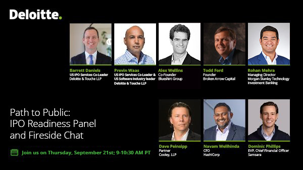 HeatherGatesM's tweet photo. Are you #IPO ready? Learn considerations from @CooleyLLP &amp; @blueshirtgroup plus participate in a fireside chat with CFOs from @HashiCorp &amp; @Samsara. Register to join Deloitte’s webcast, 9/21. https://t.co/bWI231ybTh https://t.co/oRkYaFv7I2