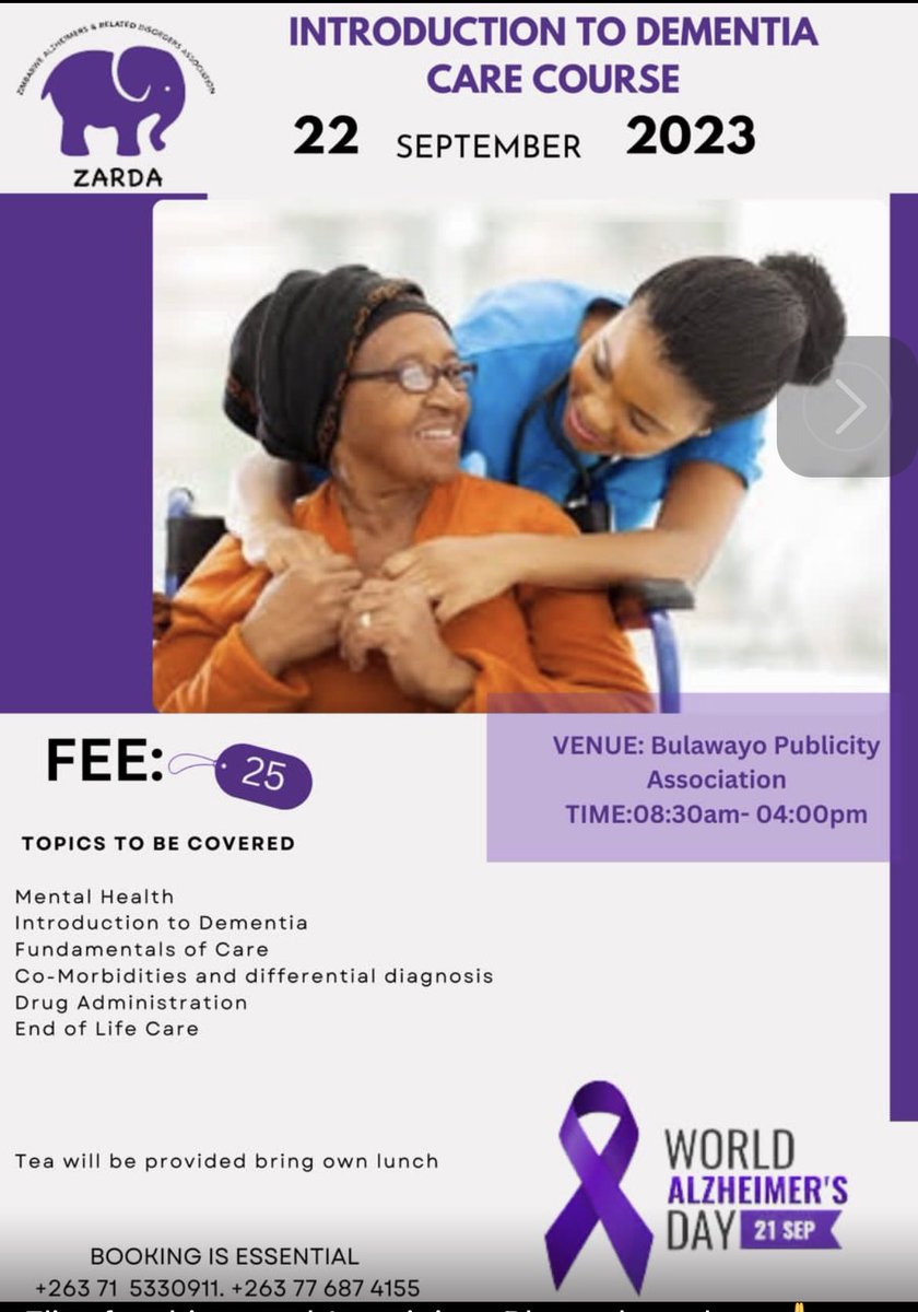 For those in Bulawayo the Intro to Dementia Care Training will be on the 22nd of September. #WorldAlzheimersMonth