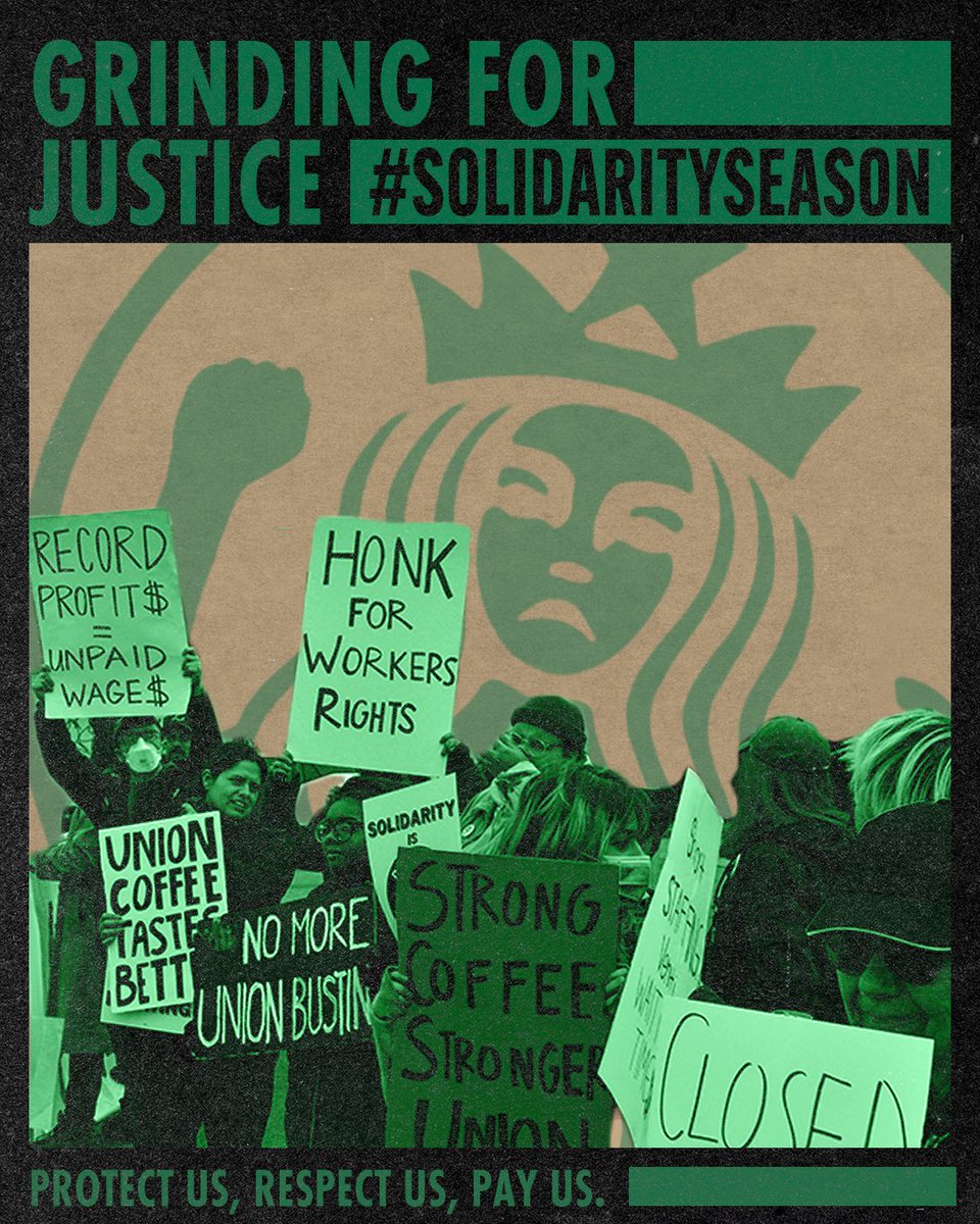 Farm workers stand in solidarity w/ Starbucks workers who are fighting for a fair contract! On @SBWorkersUnited national day of Solidarity, tell @Starbucks to quit union-busting & come to the bargaining table! Sign their petition: bit.ly/Sbux14 #SolidaritySeason