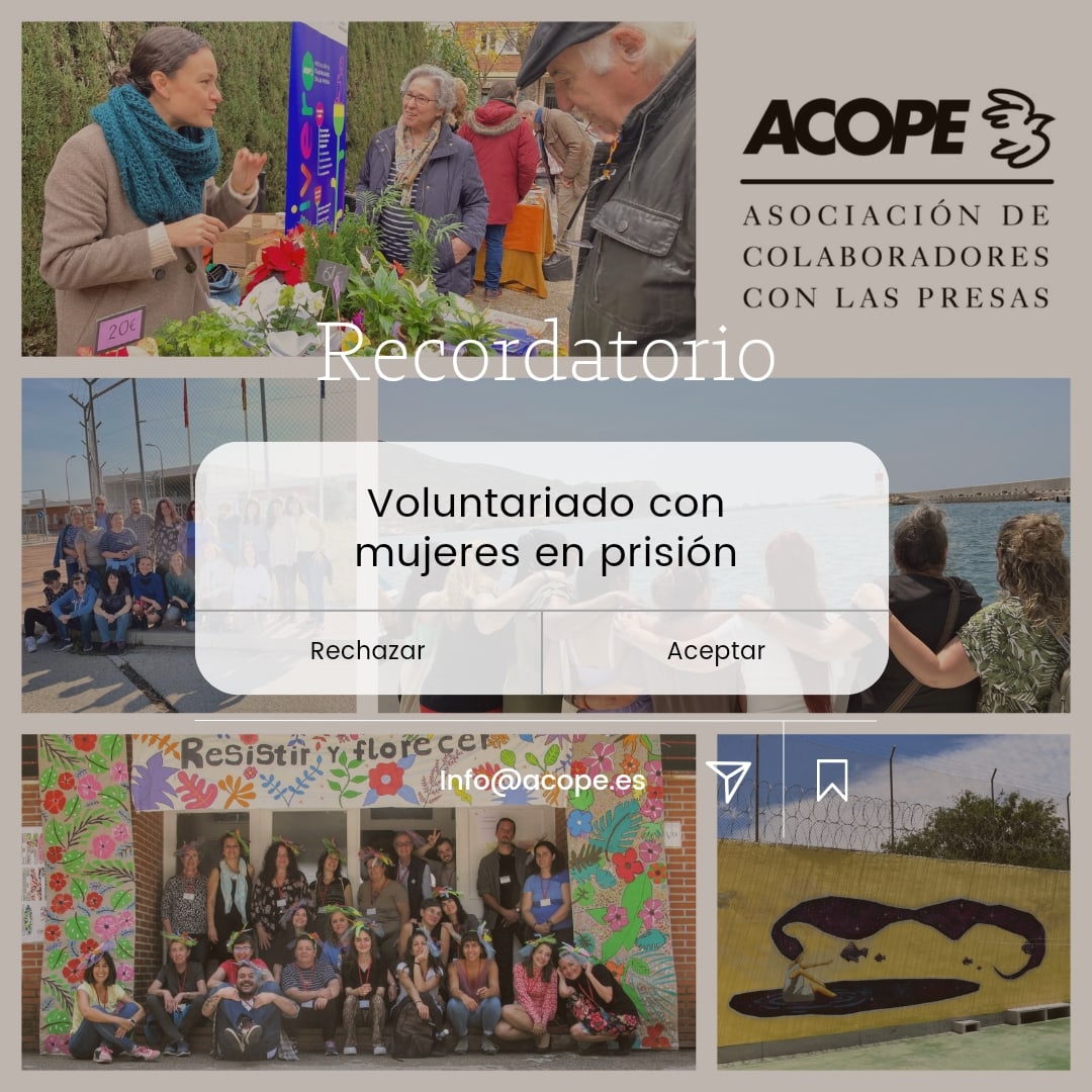 ¿Te unes al voluntariado con mujeres en prisión, en los equipos de Madrid (pisos de acogida y prisiones), Albacete o Cáceres (prisiones)? ¡Contamos contigo! Escríbenos a info@acope.es 💜