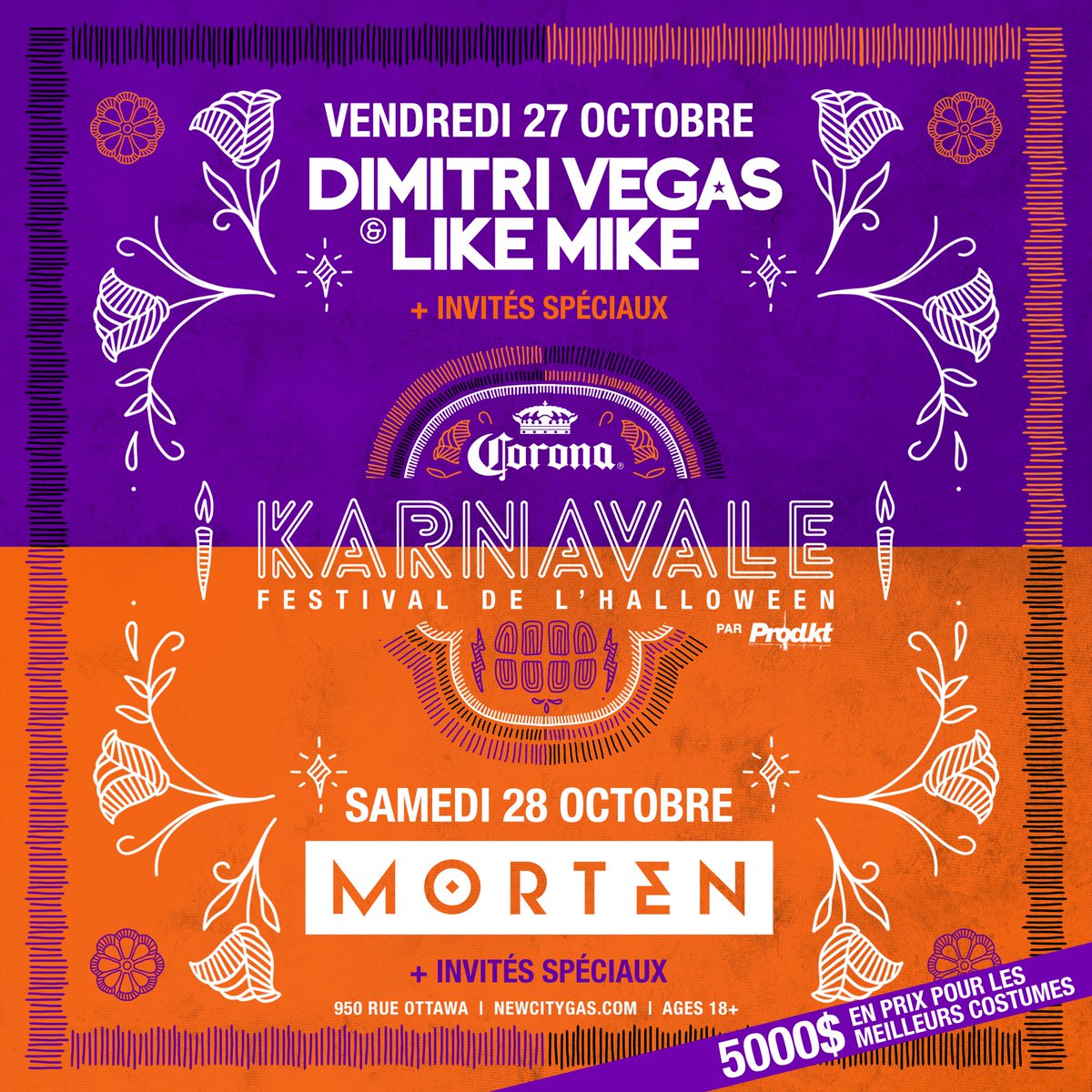 A weekend of Halloween grooves that'll give you goosebumps! 🧟‍♀️🎶 KARNAVALE 2023 presented by @corona 💀🍻 ‣ Fri, October 27 ‣ @dimitrivegas ‣ Sat, October 28 ‣ @Mortenofficial Tickets go on sale Friday at 10 am. 🔔