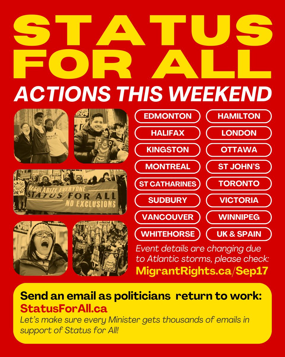 MigrantRightsCA's tweet photo. Thousands of us are taking the streets across the country this weekend  for #StatusForAll. Join us!

Check https://t.co/10Ri6qTrHh for changes due to #HurricaneLee

Make sure politicians hear from you when they return to work next week! Send an email: https://t.co/ls8J1SsMJR https://t.co/p2wrGmUXov
