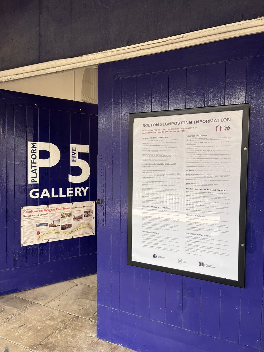 Signposting information board newly installed on Platform 5 at Bolton Station, as part of our ‘Stations of Sanctuary’ project working in partnership with Bolton City of Sanctuary 

Funded by <a href="/CommunityRail/">Community Rail Network</a> <a href="/northern_pr/">Northern News</a> &amp; @OfficialTfGM