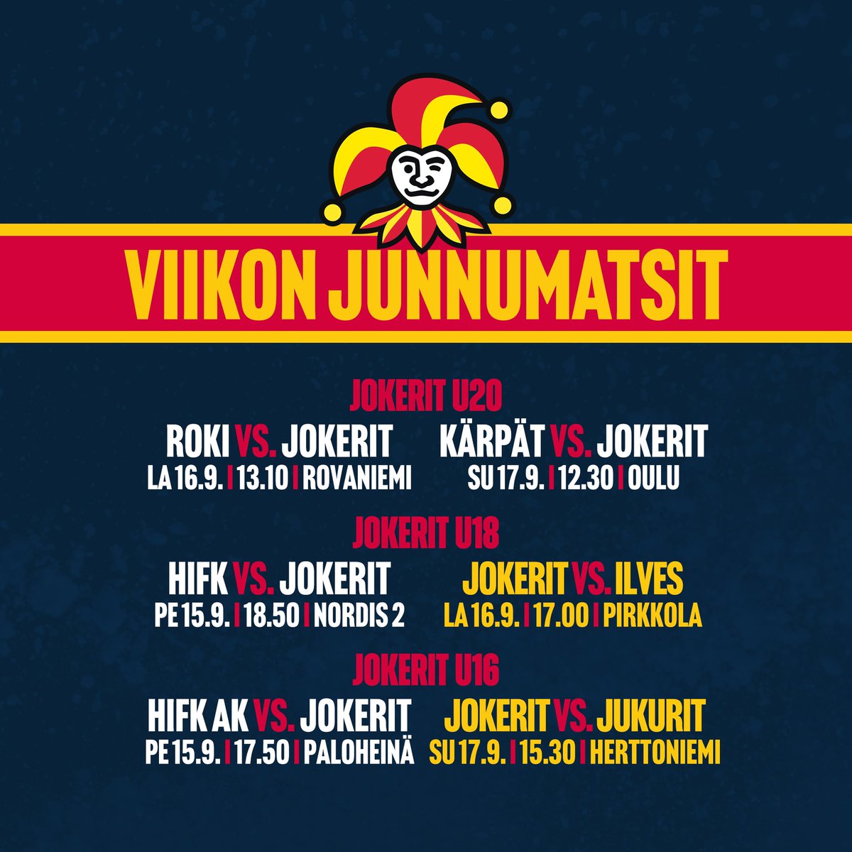 Viikonlopun matsit SM-ikäluokissa. Myös U16 pääsee vauhtiin💪🔴🟡