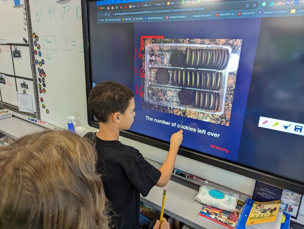 InquiryEdu's tweet photo. A kind student brought in a snack to share just because. So, of course, we HAD to investigate the @gfletchy Cookie Monster . Ss were VERY engaged w authentic thinking &amp; number concepts!  #3ActTask #3rdgrade #Mathematics #teachertwitter #edutwitter #maketheirday https://t.co/NNy8m1Vy1d
