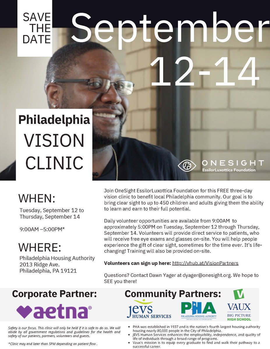 PACareerLinkPHL's tweet image. This is the last day of this great event! FREE eye exams and glasses. Glasses will be distributed on the SAME DAY! The clinic starts at 9am and we will be seeing people until 4pm. Walk-ins are encouraged; no appointment needed! #VisionClinic #FreeEyeCare #CommunityResource
