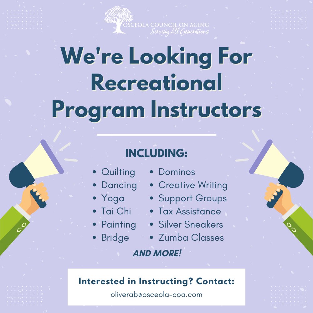 Our seniors are eager to dive into exciting recreational programs, and we need your expertise to make it happen! If you have a passion or skill you'd love to share, whether it's art, music, or any other activity, we'd love to have you as a volunteer instructor. Contact us today!
