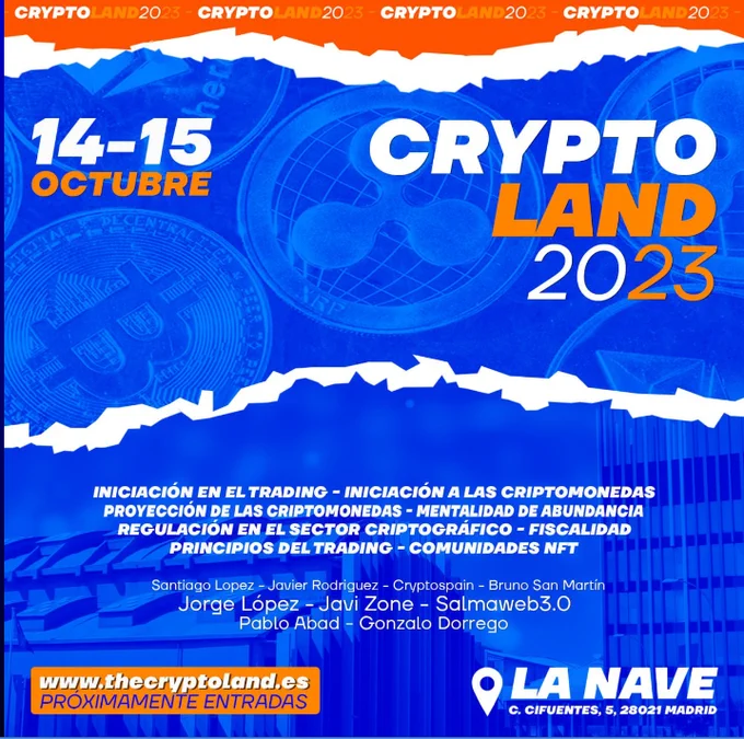 Buenas a todos!!
Me complace anunciar que los *días 14-15 de Octubre estaré por Madrid* en el evento de <a href="/CryptolandEs/">Crypto Land 2023</a> 

La entrada es muy asequible y me han dado un *descuento del 20%* para todos vosotros con el código *VACAS*

Entradas en: thecryptoland.es
