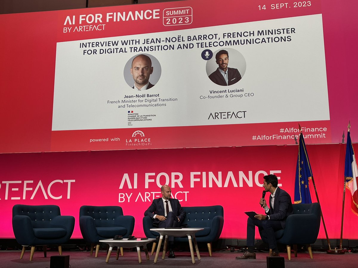 Artefact_Global's tweet image. 👉 Live from #AIforFinance by Artefact, listening to the interview of Jean-Nöel Barrot, French Minister for Digital Transition &amp;amp; Telecommunications, by Vincent Luciani, CEO of Artefact. 
They’re discussing #GenerativeAI, its impact and future, AI Act, talents and more…