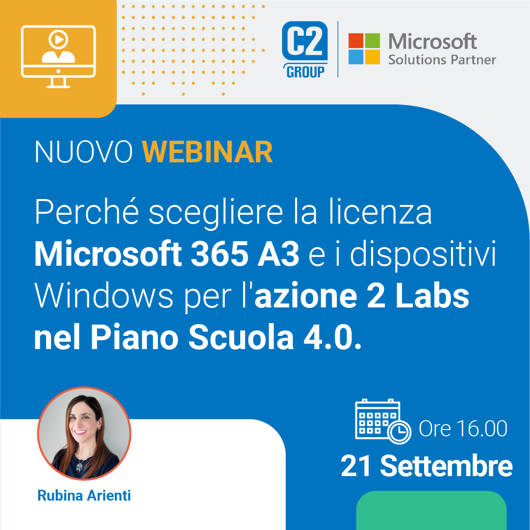 Scopriamo insieme i numerosi vantaggi che la licenza M365 A3 offre alle scuole  Durante il webinar mostreremo anche quali sono dispositivi Windows 11 più indicati per l'azione 2 Labs del Piano Scuola 4.0.  
Iscriviti qui register.gotowebinar.com/register/19167…