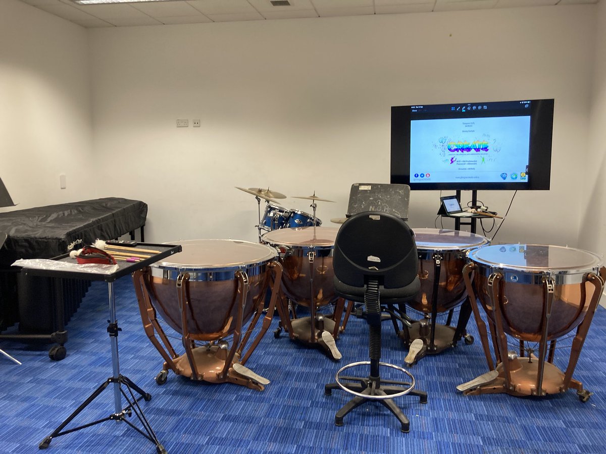 carlyle_mr's tweet photo. The stage is set for the @GlasgowCREATE CLPL timpani session #teampercussion https://t.co/fJBP8da2oj