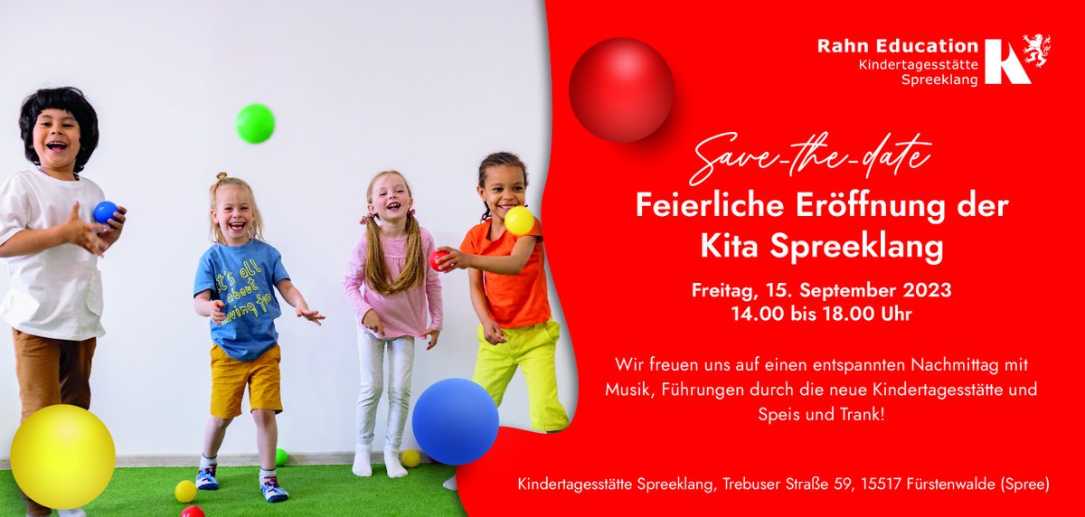 RahnEducation's tweet photo. Morgen ist es soweit - wir eröffnen am 15. September unsere Kita Spreeklang der Rahn Education in Fürstenwalde! Ab 14 Uhr habt ihr die Gelegenheit, die modernen Räumlichkeiten sowie den großzügigen Garten zu besichtigen und mit dem Team in Austausch zu kommen.🎉 https://t.co/IBMg1YEFIJ