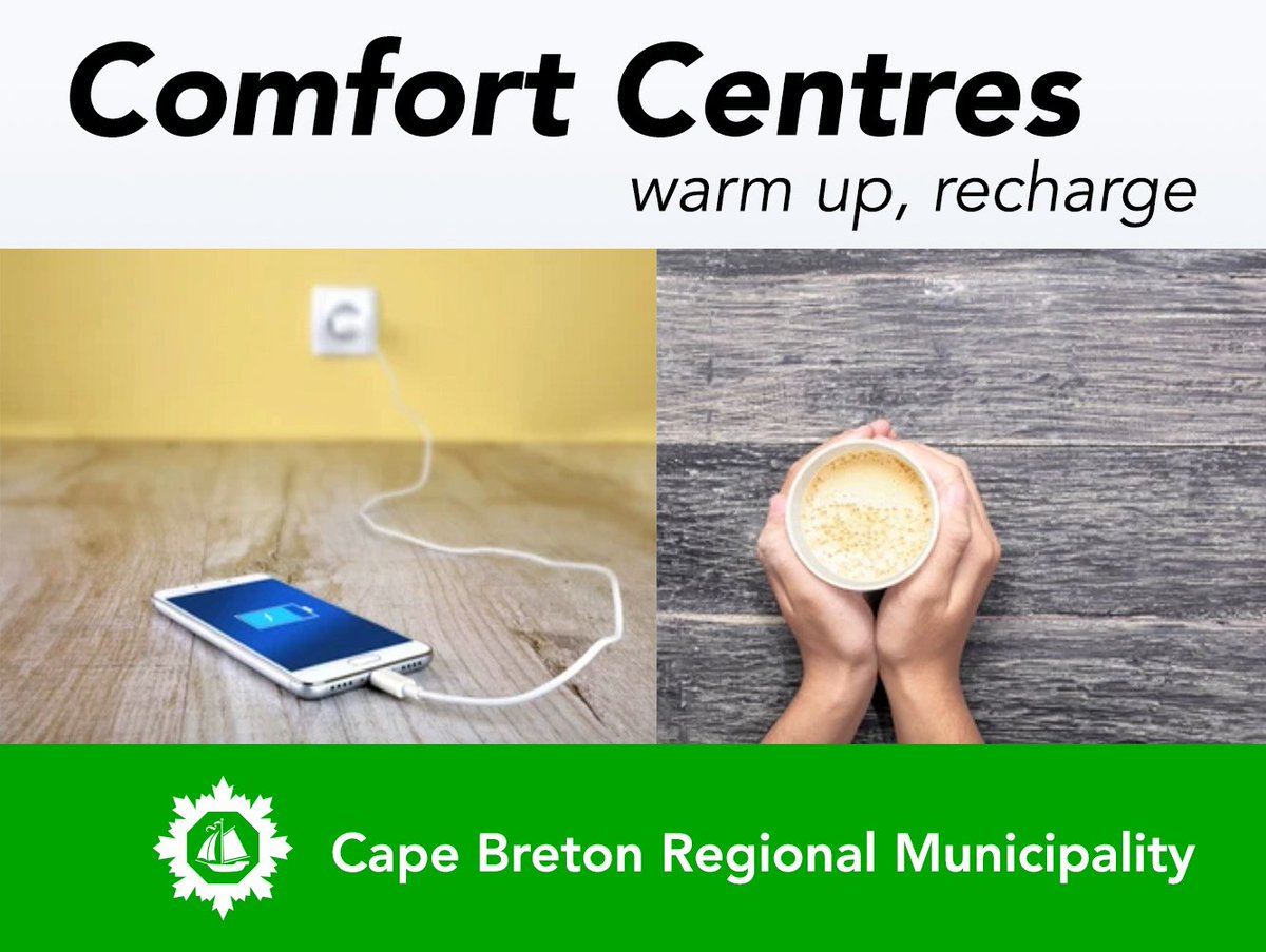 A list of CBRM designated comfort centres is available on the CBRM EMO webpage cbrm.ns.ca/emo . Opening times, locations, and dates for comfort centres are based on the availability of our volunteer providers, estimated power restoration times, and impacted areas