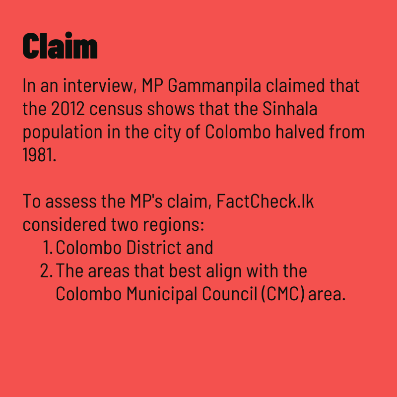 factchecklka's tweet photo. In a newspaper interview, MP Gammanpila claimed that the Sinhala population in Colombo city had reduced by ‘half’ from 1981 to 2012👨👩👧👦
Swipe ⏪ to find out if it did
📚 Read the full fact-check at: https://t.co/T88Z9s6j1Z
#FactCheckLK
