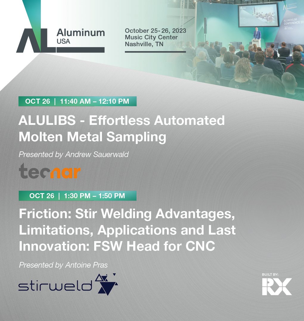 Join us for our Conference Sessions at ALUMINUM USA 2023!
These sessions are a great chance to discover the advances in aluminum that are revolutionizing the industry, presented by Tecnar and <a href="/FSW_Stirweld/">Stirweld</a> to educate and share their insights. Learn more: bit.ly/46qYFYT