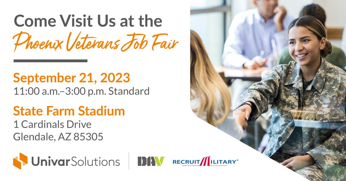 Calling all Veterans, transitioning military, spouses, Reservists, and National Guard! Come have an in-person conversation with us at the DAV RecruitMilitary Phoenix Veterans Job Fair. REGISTER TODAY! bit.ly/45CkILY 

#Veterans #MilitaryJobs #VeteransJobs