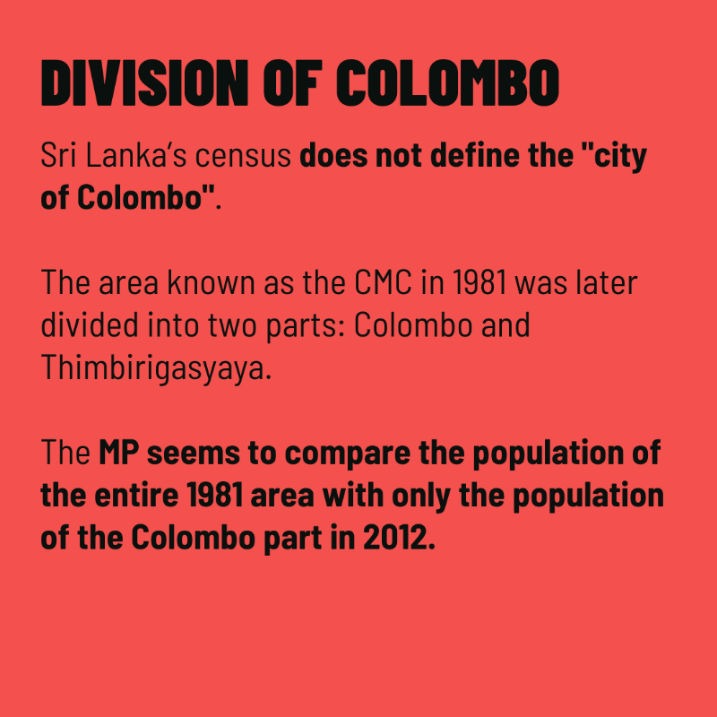 factchecklka's tweet photo. In a newspaper interview, MP Gammanpila claimed that the Sinhala population in Colombo city had reduced by ‘half’ from 1981 to 2012👨👩👧👦
Swipe ⏪ to find out if it did
📚 Read the full fact-check at: https://t.co/T88Z9s6j1Z
#FactCheckLK