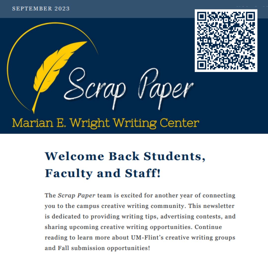 UMFlintWC's tweet photo. Time to kick things off with the return of Scrap Paper, our creative writing newsletter! 🎉 https://t.co/DMkqsI0DJM