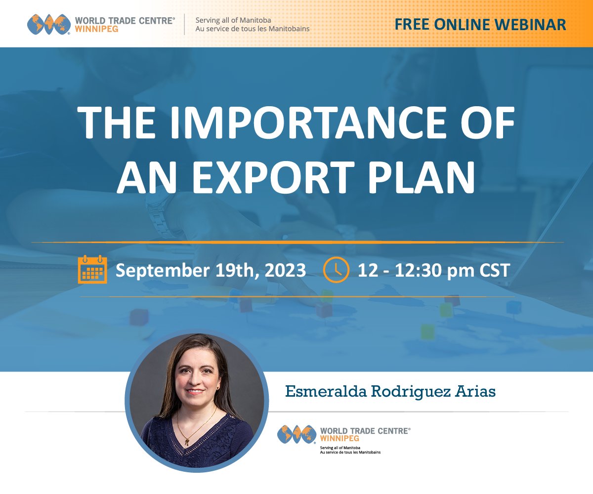 WTCWinnipeg's tweet photo. 🌐 Thinking of Exporting?
Your first step is a rock-solid export plan. Learn the what, why, and how in our upcoming webinar.

🔗 Register Now:  https://t.co/Xzu7dWrbph

#ExportPlan #WTCWinnipeg https://t.co/sDaMk97G2m