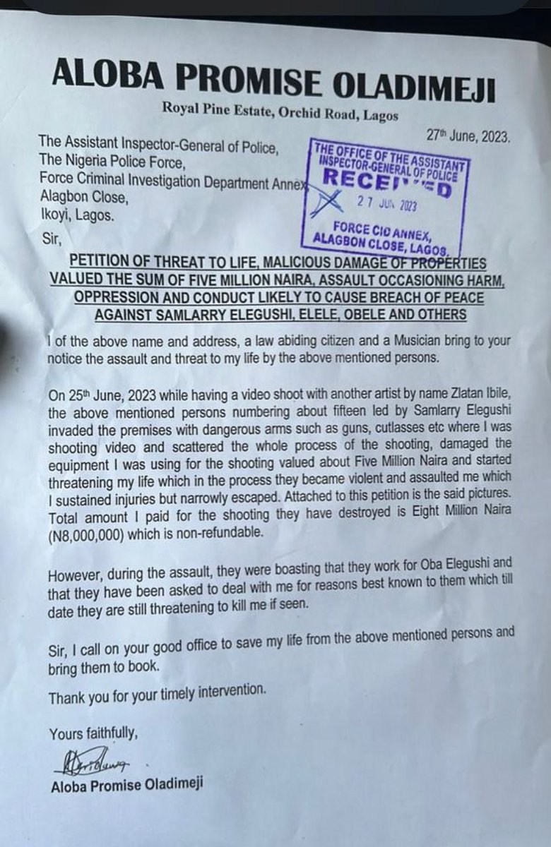 PulseNigeria247's tweet photo. Late Nigerian music star Mohbad's petition to the Nigerian Police Force seeking protection for his life and properties surfaced on the internet. https://t.co/mPCBxDx8Fh