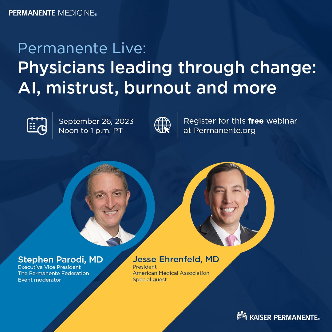 PermanenteDoctors (@permanentedocs) on Twitter photo Mark your 🗓️: 9/26, noon to 1 p.m. PT.
Join <a href="/DoctorJesseMD/">Jesse Ehrenfeld MD MPH</a> of the <a href="/AmerMedicalAssn/">AMA</a> and <a href="/StephenParodiMD/">Stephen Parodi, MD</a> of The Permanente Federation for insights on physician leadership in today's evolving healthcare landscape. #AI #disinformation #burnout #trust
🔗: ow.ly/Zfkp50PL9MN Mark your 🗓️: 9/26, noon to 1 p.m. PT.
Join <a href="/DoctorJesseMD/">Jesse Ehrenfeld MD MPH</a> of the <a href="/AmerMedicalAssn/">AMA</a> and <a href="/StephenParodiMD/">Stephen Parodi, MD</a> of The Permanente Federation for insights on physician leadership in today's evolving healthcare landscape. #AI #disinformation #burnout #trust
đź”—: ow.ly/Zfkp50PL9MN