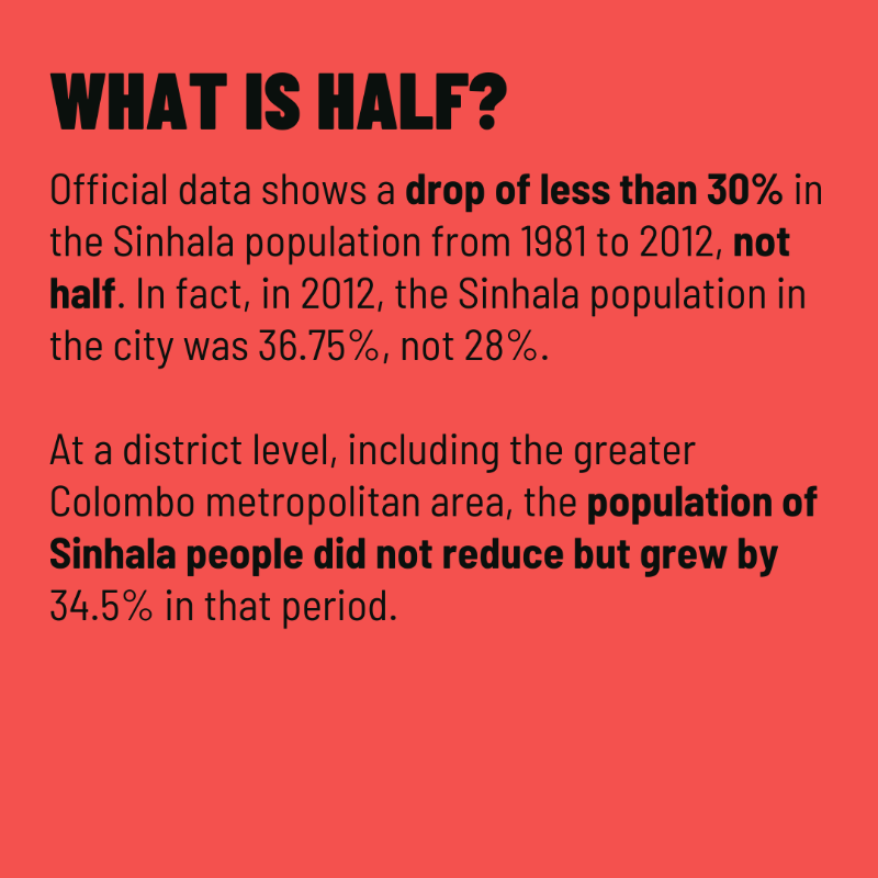 factchecklka's tweet photo. In a newspaper interview, MP Gammanpila claimed that the Sinhala population in Colombo city had reduced by ‘half’ from 1981 to 2012👨👩👧👦
Swipe ⏪ to find out if it did
📚 Read the full fact-check at: https://t.co/T88Z9s6j1Z
#FactCheckLK