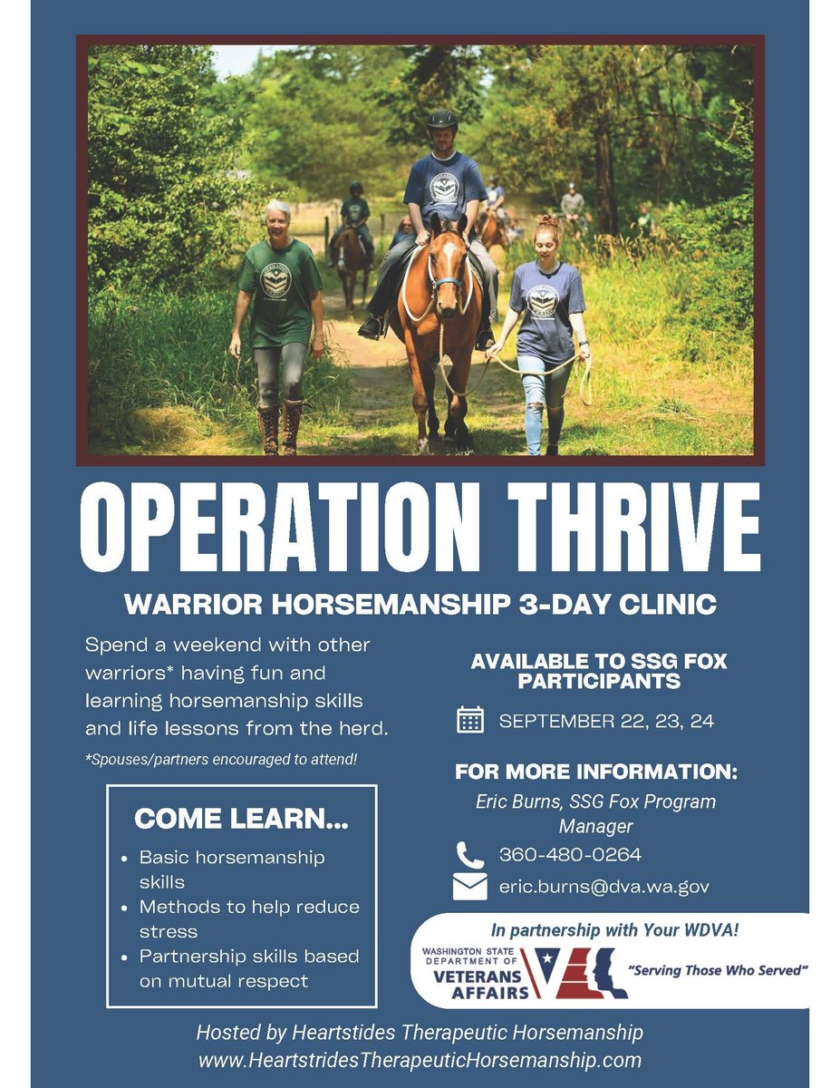 Calling all veterans! 🗣 

We're super excited to announce that Operation Thrive, in partnership with Your WDVA, is hosting a three-day Equine Therapy Clinic with Heart Strides Equine Therapy! 🐎 

#YourWDVA #OperationThrive #VeteranWellness 🤸‍♀️