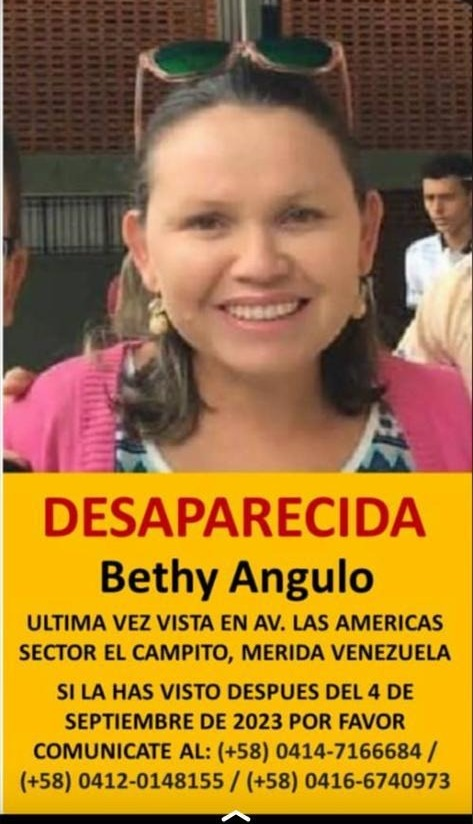 #ServicioPúblico La señora Bethy Angulo está desaparecida. La última vez que fue vista se encontraba en la avenida Las Américas, sector Los Campitos, en el estado Mérida. Si tiene información sobre su paradero, por favor comunicarse a estos números: 0412-014-81-55.
#TalCual