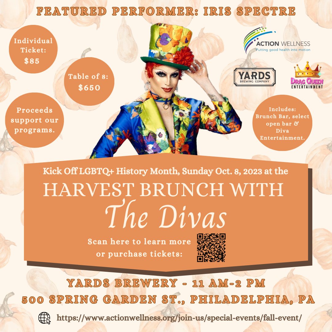 Action Wellness is thrilled to introduce spectacular drag queen entertainer Iris Spectre as one of three premiere featured performers for The Harvest Brunch with the Divas on October 8. 

Join us at Yards Brewing Co. from 11 a.m. - 2 p.m. to kick off LGBTQ+ history month!