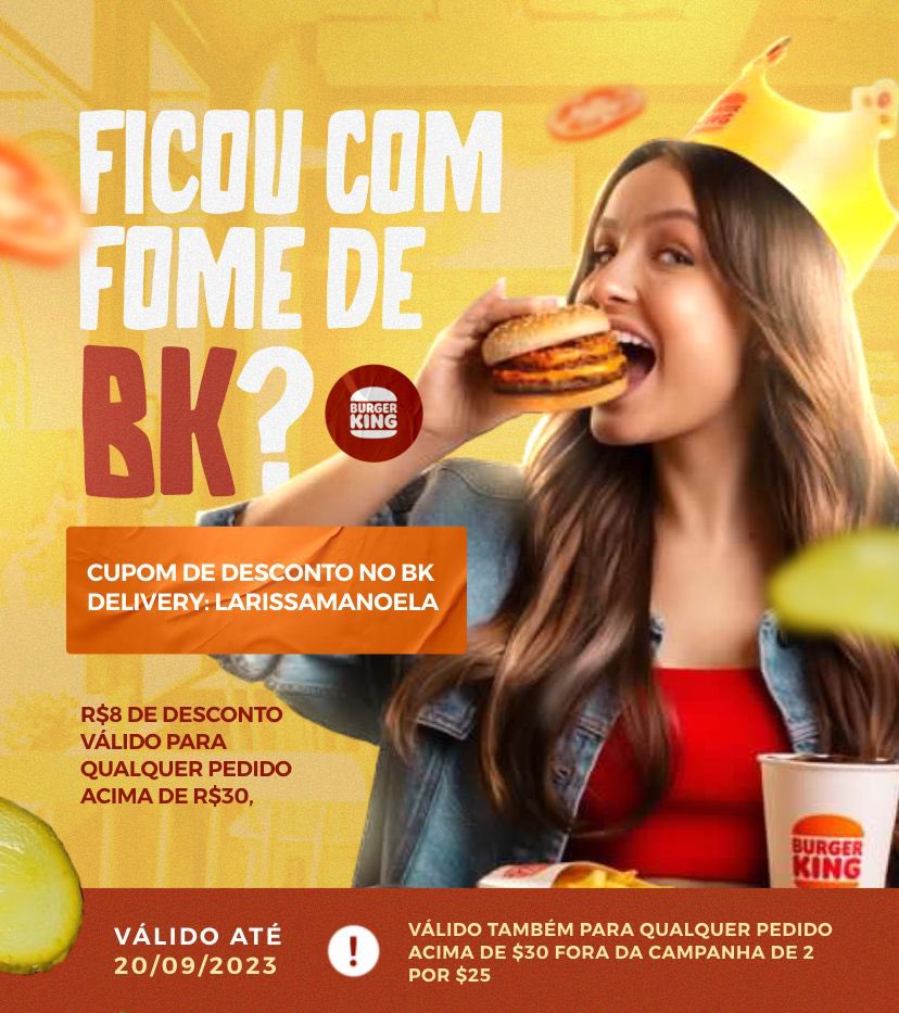 LarissaUpdates's tweet photo. Ficaram com fome de BK depois de ver tanto conteúdo saindo na nossa página? Pois trouxemos a solução! Com o cupom “LARISSAMANOELA”, você tem um desconto de R$8,00 em pedidos acima de R$30,00 através do BK Delivery. 

A promoção é válida até o dia 20/09 então aproveitem! 🧡 https://t.co/7Ba06Fx5by