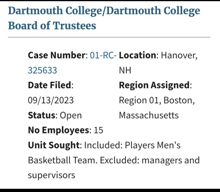 Sportico's tweet photo. BREAKING: 15 members of the @DartmouthMBB team have voted to unionize, according to @UnionElections. 

Would be a first in modern DI sports. https://t.co/x9SP6INehV