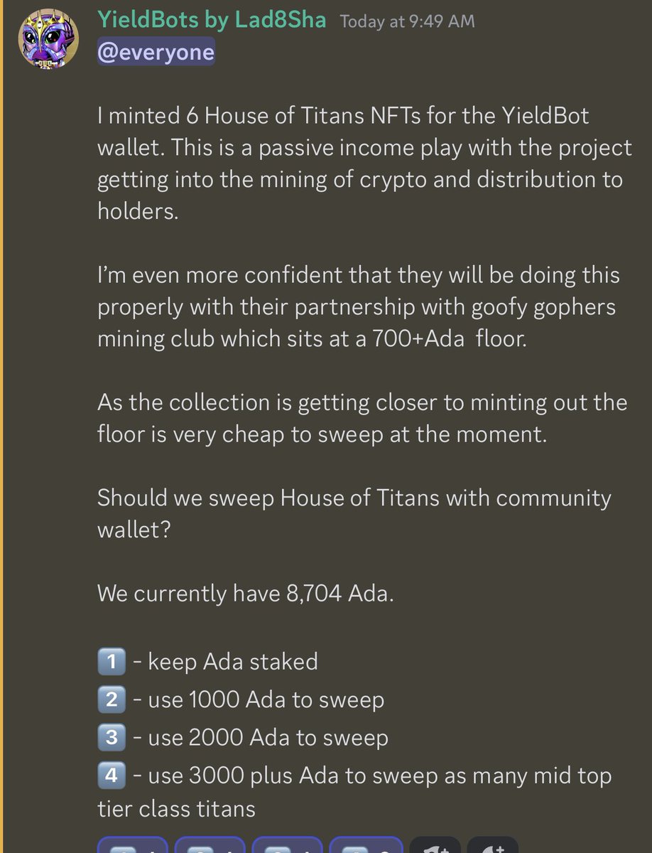 OffGridWithAI's tweet photo. Putting forth a vote in the YieldBot discord to sweep a project that’s getting into crypto mining with redistribution to its holders 👇 

I’m very #bullish on @HouseOfTitans_ and it’s creator @Apex_333 https://t.co/qkHZDVI3gs