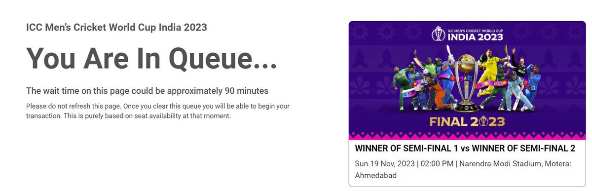smartspendcode's tweet photo. In the queue for the last 100 minutes and still, it is showing as 90 minutes⏲️

#cwc23tickets #CWC23 #final #CricketWorldCup2023 
@bookmyshow @ICC @BCCI @venkateshprasad @allaboutcric_ @hitanshuchawda @manishhomehta @KanungoHemant @mufaddal_vohra @CricCrazyJohns