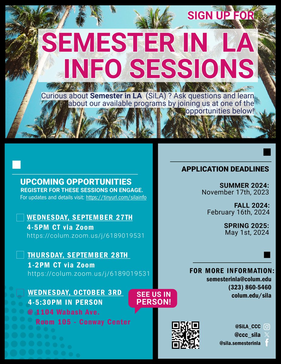 Are you a current IAM student interested in doing a semester in LA? 🌴😎🌅

@ccc_sila is hosting info sessions via Zoom 09/27 and 09/28 and in person Oct 3!

Scan the QR code or get in touch with SiLA directly to learn more and register.