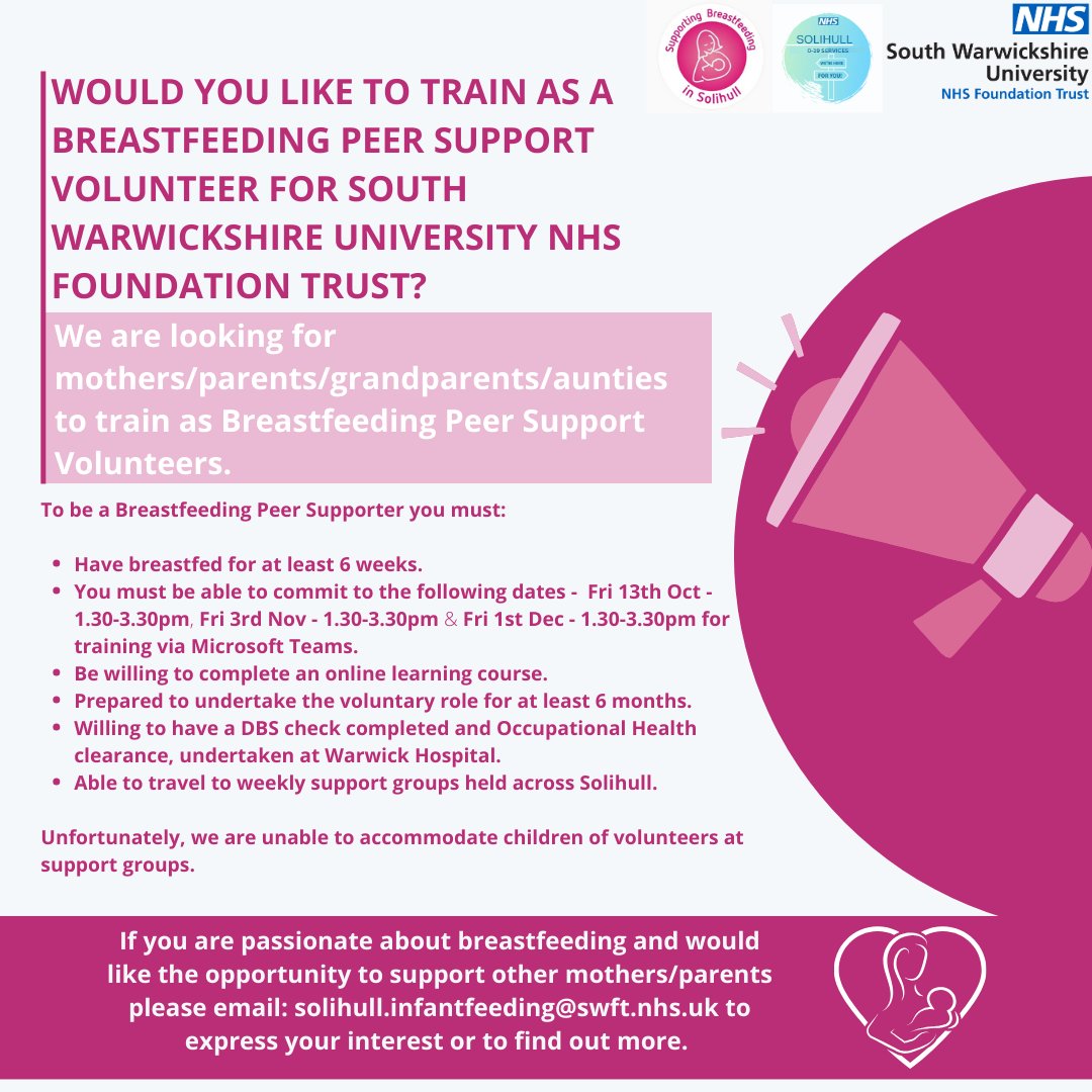 We are excited to announce that we are running a training course for those interested in becoming a Breast Feeding Peer Support Volunteer!

See the post for more information!
#solihullinfantfeedingteam #breastfeedingpeersupport #breastfeeding #solihullbabies #solihullmums