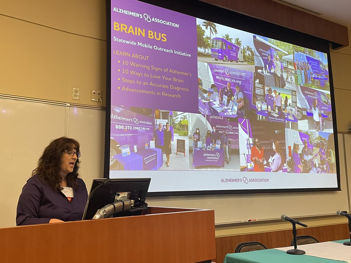 AlzAdvocacyFL's tweet photo. @AlzFlorida VP of Programs Julie Shatzer discussing the #BrainBus at the @HealthyFla Ed and Ethel Moore Alzheimer’s Research Symposium. https://t.co/cM8QZU3h8q