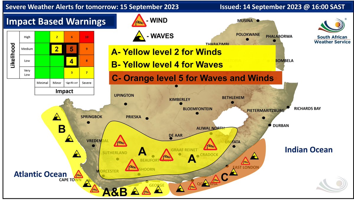 ☔️☃️A cold front will make landfall over the south-western Cape tomorrow  (Friday, 15 September 2023) causing widespread showers and rain. Light snowfall is expected over the mountains of the Western Cape and  south-western Northern Cape mainly from the evening.