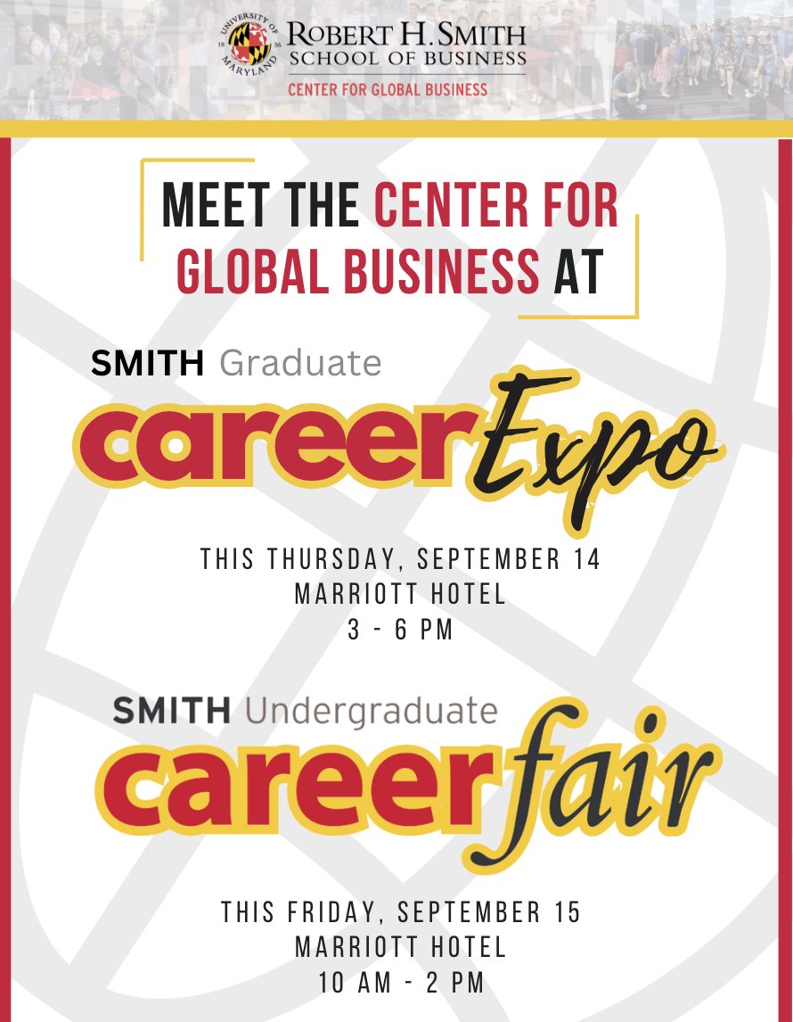 Smith School Global (@smithglobalbiz) on Twitter photo Get ready to meet <a href="/smithglobalbiz/">Smith School Global</a> and learn all things #studyabroad and hear about internationalizing your paths at the Smith School's two upcoming career fairs today and tomorrow. Get ready to meet <a href="/smithglobalbiz/">Smith School Global</a> and learn all things #studyabroad and hear about internationalizing your paths at the Smith School's two upcoming career fairs today and tomorrow.