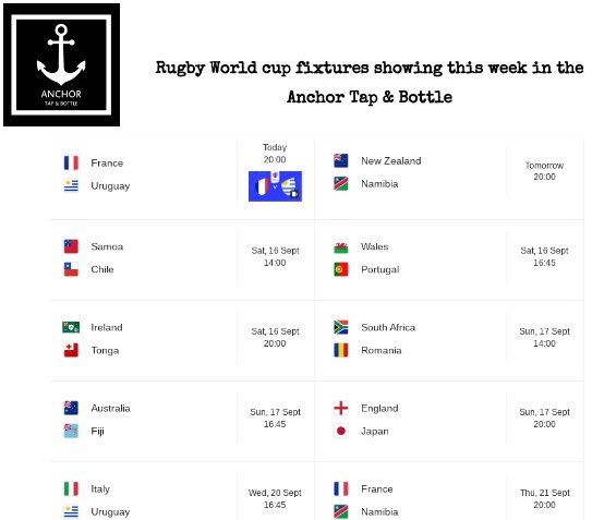 This week has some great fixtures for the rugby World Cup showing in the Anchor Tap &amp; Bottle #rugbyworldcup #craftbeer #shoplocal #watford #rickmansworth #croxleygreen #chorleywood