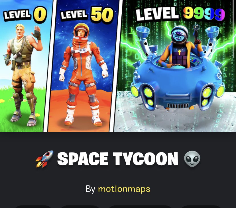 Try out our newest tycoon! 
🚀 SPACE TYCOON 👽 
The code is 7215-5157-3053!

If you are submitting a high score be sure to tweet at us or join our discord! 
<a href="/FortniteGame/">FortniteGame</a> #FNCreate