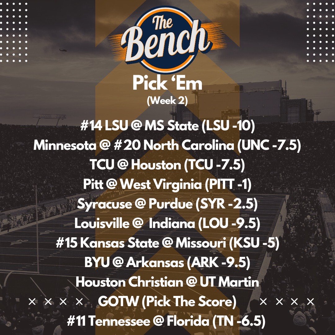 thebenchwutm's tweet photo. Show day with week 2 of Pick ‘Em! Join us today with special guest @AMStarling! Tune in with us at 5! https://t.co/WAHEqLXO6E
