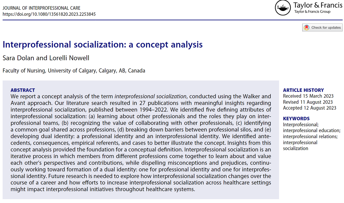 Hot off the press, led by <a href="/ucalgarynursing/">UCalgary Nursing</a> PhD student <a href="/Sara_Dolan_RN/">Sara Dolan</a>, a concept analysis of interprofessional socialization published by <a href="/JICare/">Journal of Interprofessional Care</a> 
 
tandfonline.com/eprint/VJWIQII…