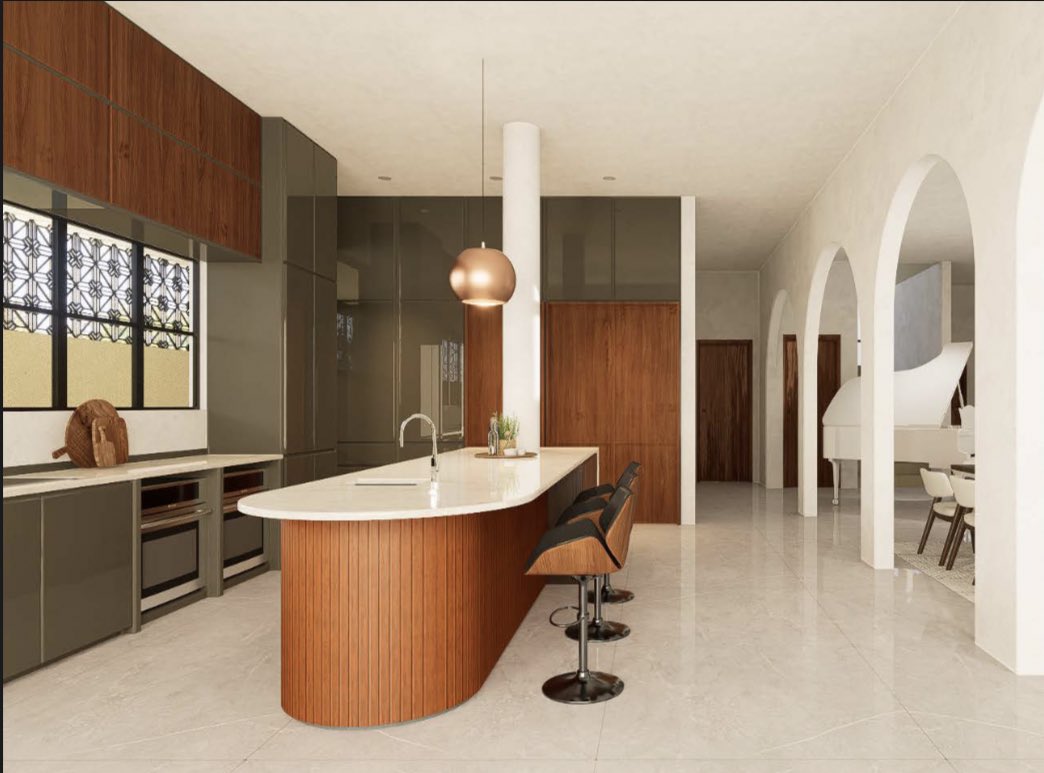 steevenshum's tweet photo. Modern Scandinavian inspired interior highlight of the hearth — dry kitchen. Curved island with cherry wood finish blend within a beigey-white space lined with arches. Concealed fridge &amp; pantry hidden inside the cabinetry
#D5render #3DModel #interiordesign #architecture #sketchup https://t.co/JBTXq73nOb