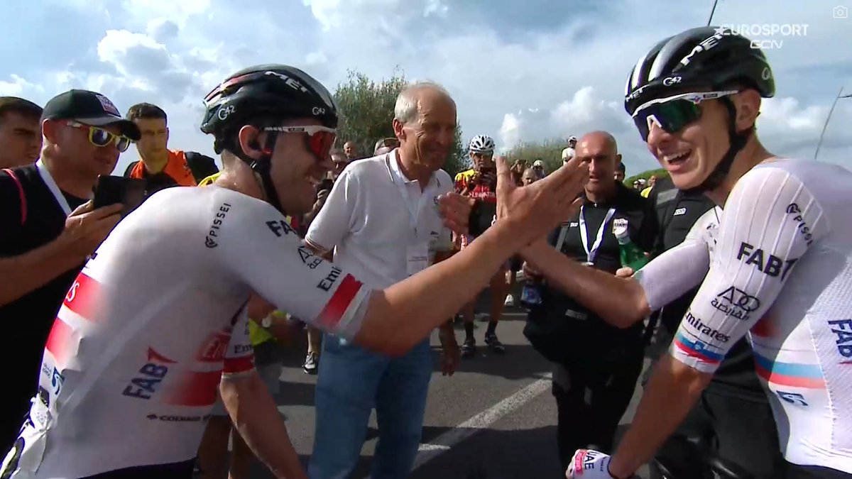 Marc Hirschi wins Coppa Sabatini in a 2-man sprint against the on-fire Pavel Sivakov, after a 35 km duo attack! 👏 Tadej Pogacar finishes on 3rd place, perfect day for UAE in Italy (unlike Spain).  #CoppaSabatini